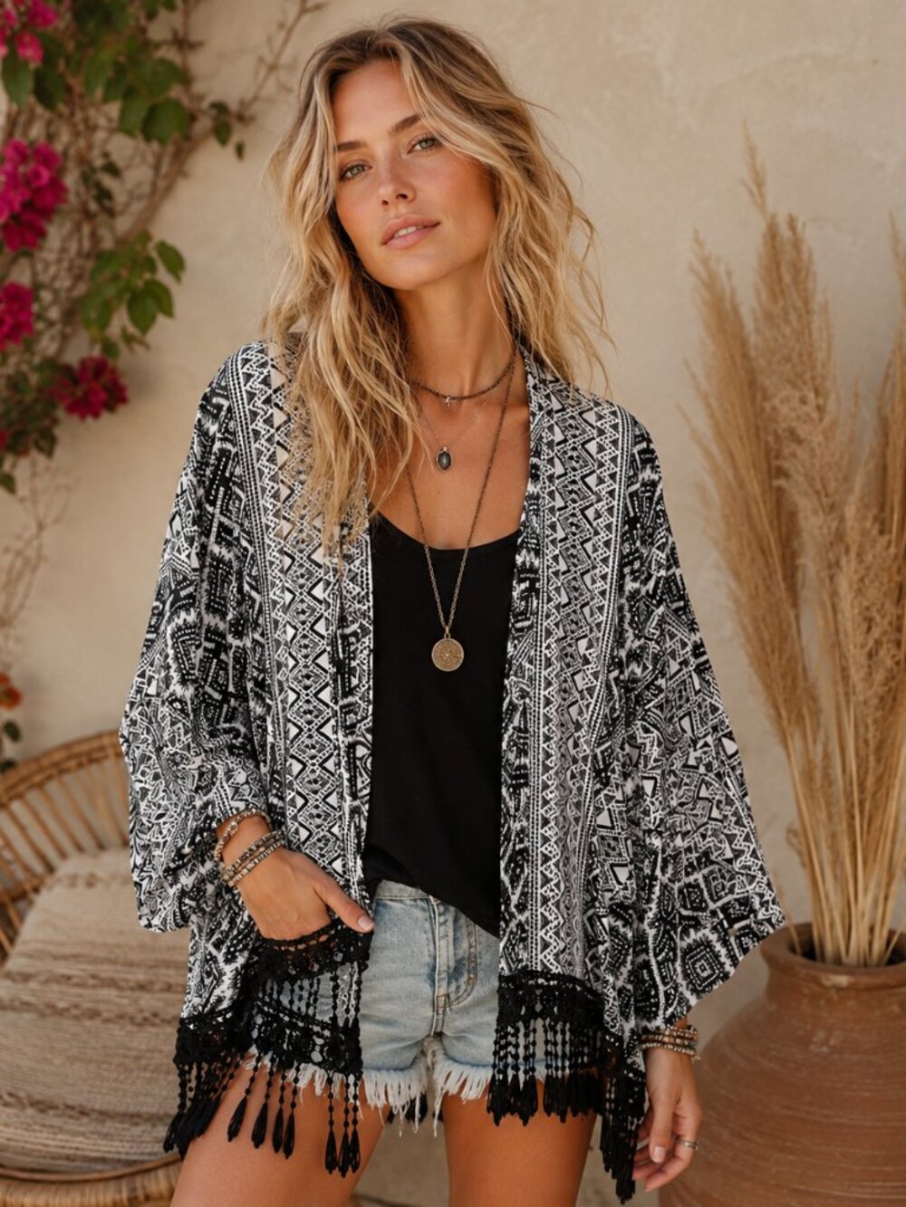 Love‎ On A Hanger Women's Large Open Front Boho Geometric Style Kimono Casual